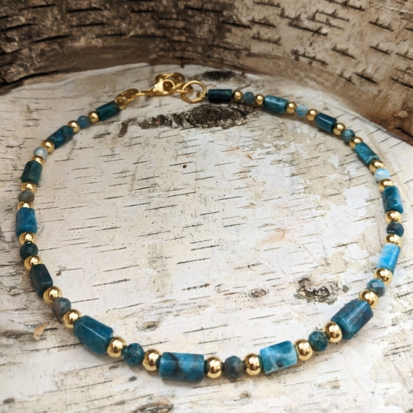 Genuine Blue Apatite Stones & Gold Beads In Round Choker Necklace - Picture 7 of 9